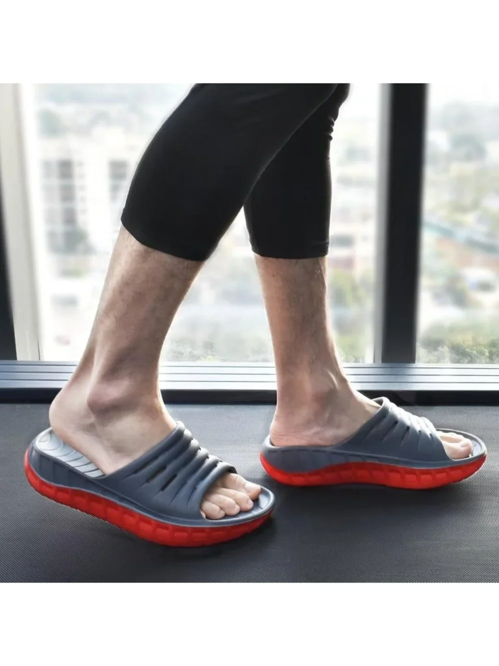Men's Grey Red Sandals Orthotic Arch Support Open Toe Sport Slides Thick Cushion